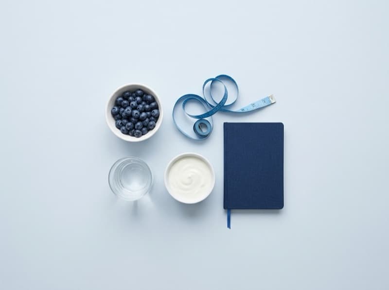 Heidelbeeren, Joghurt, Wasserglas, Maßband und Notizbuch