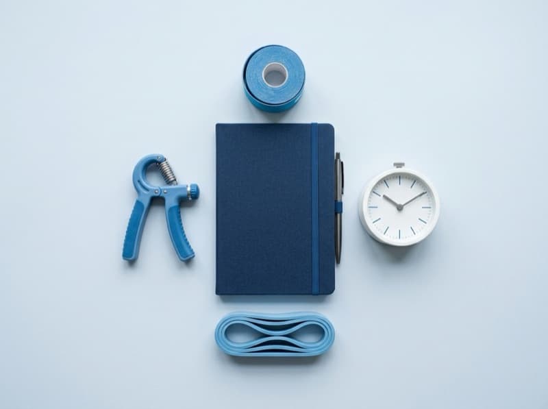 Notizbuch, Kinesio-Tape, Handtrainer, Uhr und Therapieband
